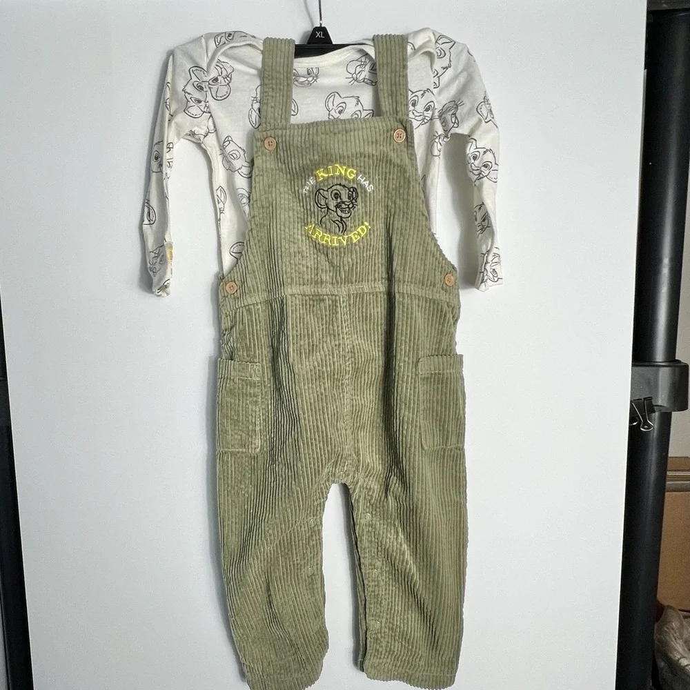Disney Baby Lion King Simba Corduroy Overalls 2pc Set‎ Green 24M Toddler EUC!!